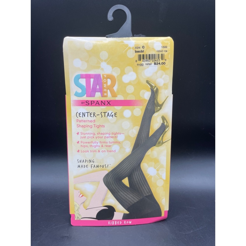 Star Power by Spanx Center-Stage Pattern Shaping Tights Ribbed Row Black Size C